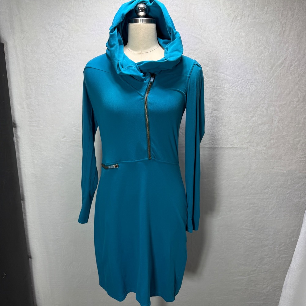 Athleta S Teal Blue Asymmetrical Zip Hooded Dress Long Sleeve Athleisure‎ Beachy
